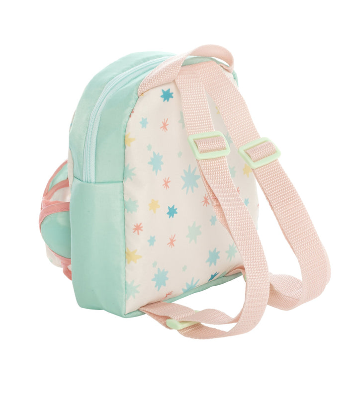 backpack carrier doll accessory with zippered pouch for storage and carrier straps on front for holding soft baby dolls