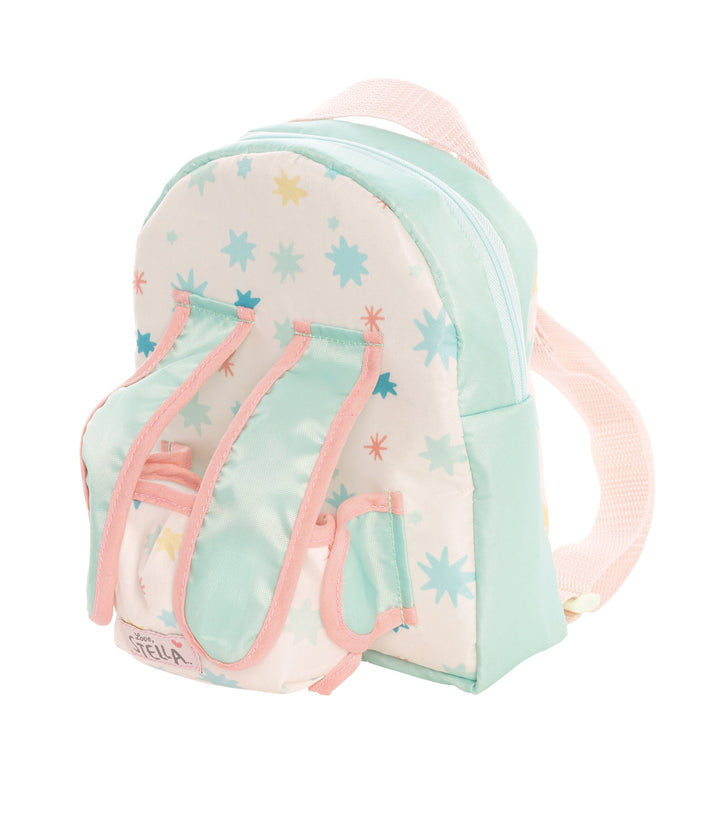 backpack carrier doll accessory with zippered pouch for storage and carrier straps on front for holding soft baby dolls