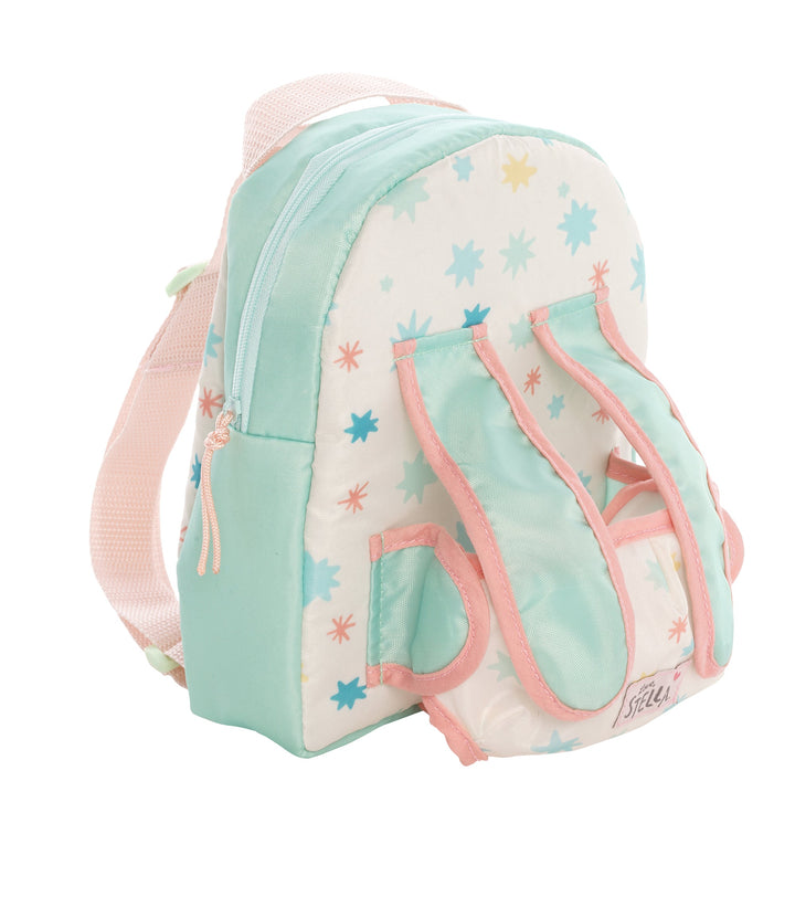 backpack carrier doll accessory with zippered pouch for storage and carrier straps on front for holding soft baby dolls