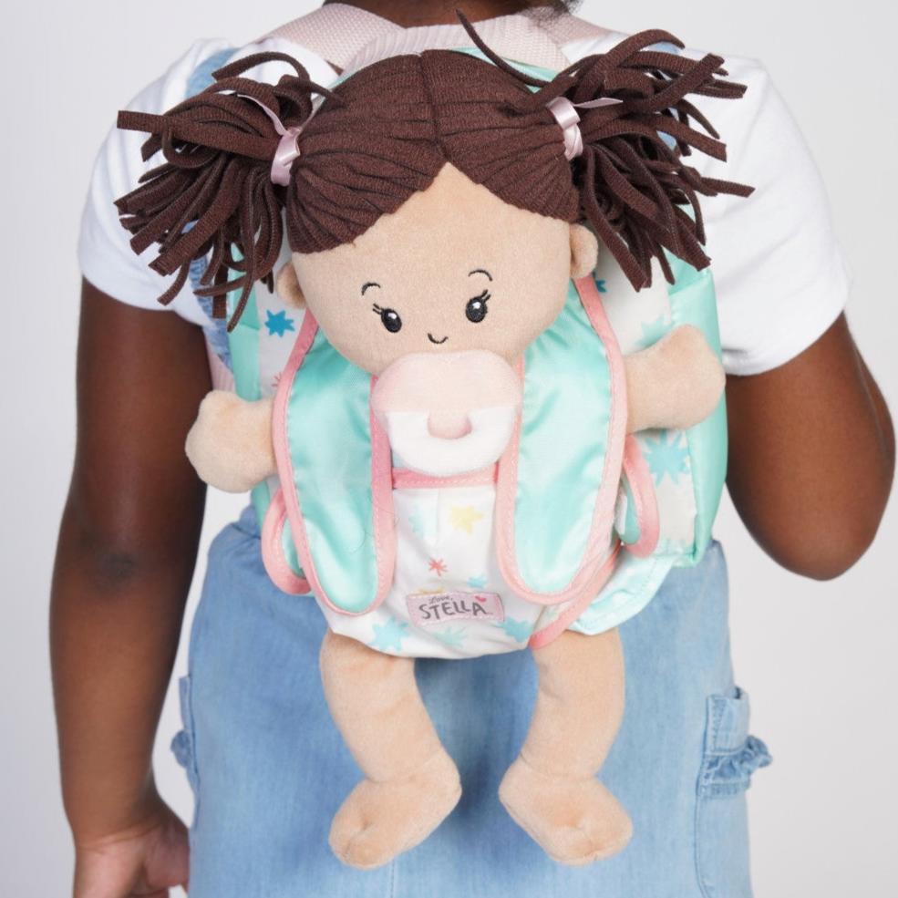 backpack carrier doll accessory with zippered pouch for storage and carrier straps on front for holding soft baby dolls