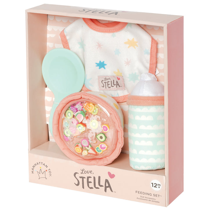 pretend feeding set for soft dolls that includes a food bowl with gel-filled top a plastic spoon a fabric bib and magnetic bottle in open front box package