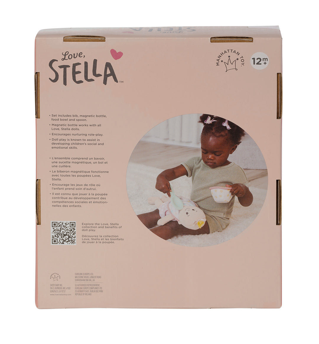 pretend feeding set for soft dolls that includes a food bowl with gel-filled top a plastic spoon a fabric bib and magnetic bottle in open front box package