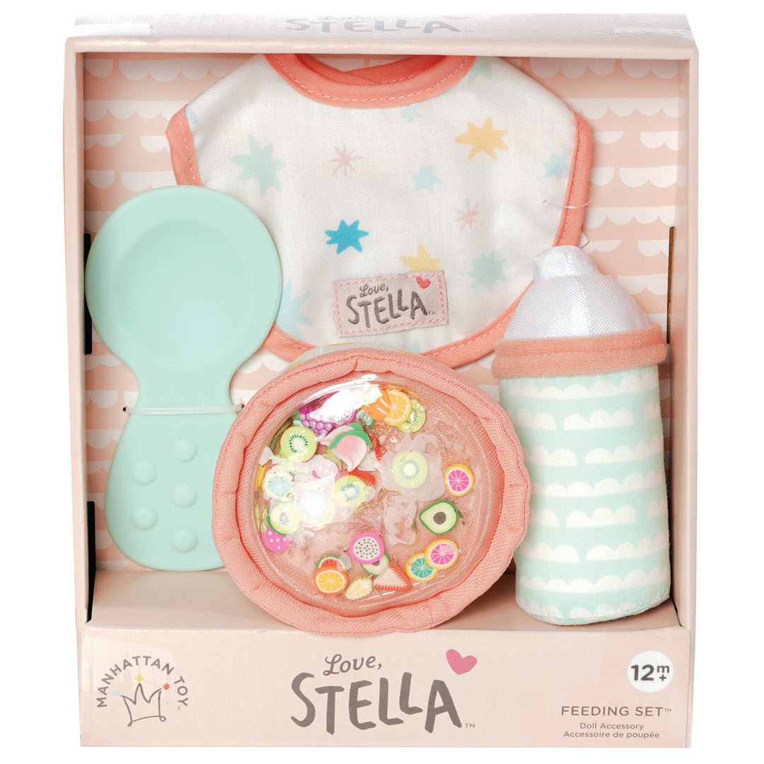 pretend feeding set for soft dolls that includes a food bowl with gel-filled top a plastic spoon a fabric bib and magnetic bottle in open front box package