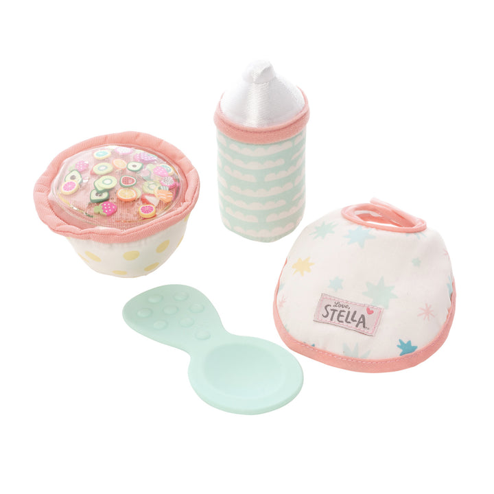 pretend feeding set for soft dolls that includes a food bowl with gel-filled top a plastic spoon a fabric bib and magnetic bottle