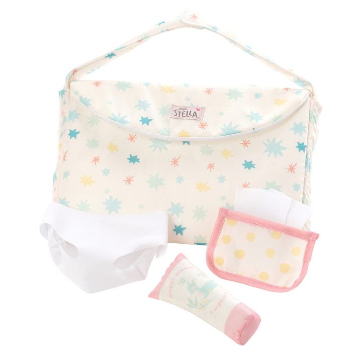 baby doll diaper bag and changing set with bag, diaper, wipes and diaper cream tube.