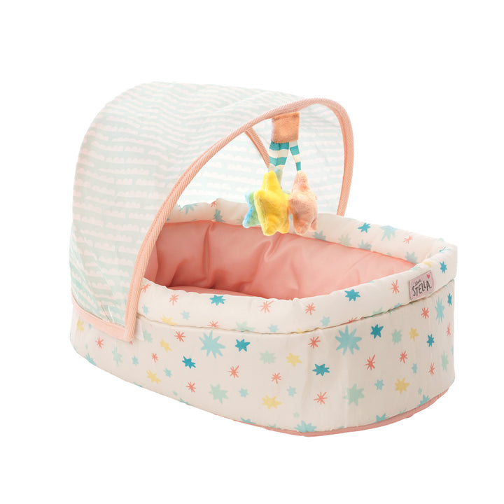 Fabric doll sized soft crib with canopy and mobile 