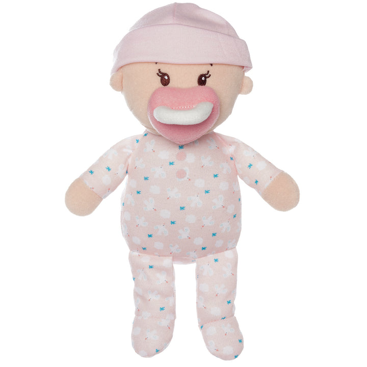 soft baby snuggle doll with peach skin that includes a magnetic pacifier and removable pink beanie hat