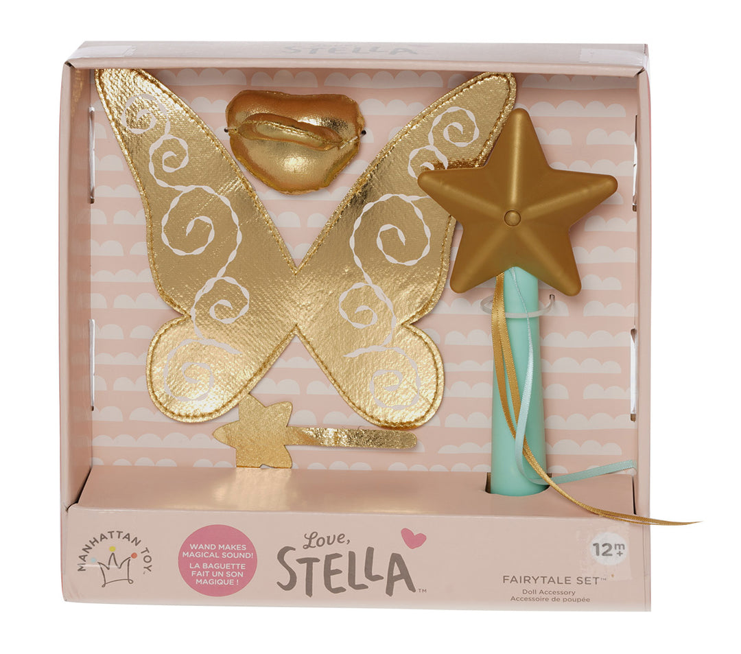 doll fairy accessory set on a soft doll with plastic wand that makes magical sounds in open front box packaging