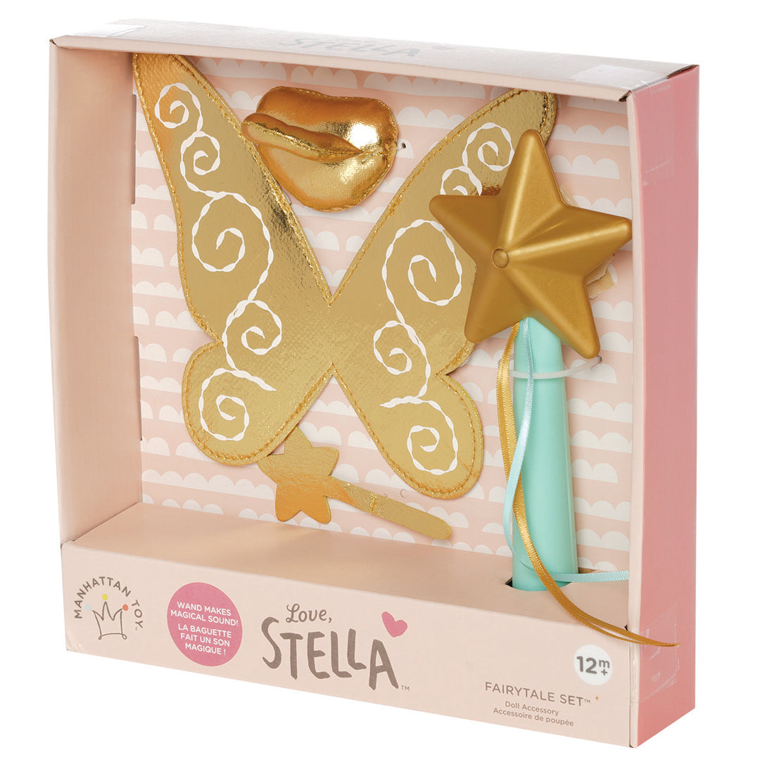 doll fairy accessory set on a soft doll with plastic wand that makes magical sounds in open front box packaging