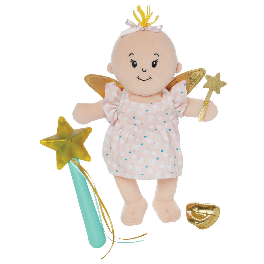 doll fairy wings, and doll sized fabric wand on a soft doll with child sized plastic wand with magical sounds and a gold magnetic pacifier nearby