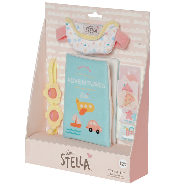 travel themed doll accessory set with doll sized fanny pack and sunglasses show on a soft doll along with a child sized travel book with 6 stamps in open front box packaging