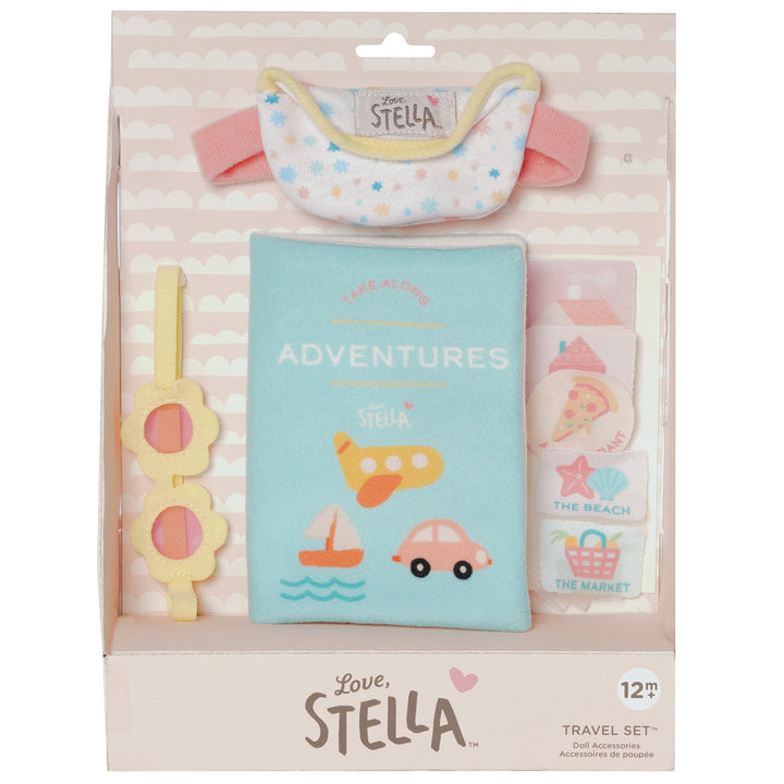 travel themed doll accessory set with doll sized fanny pack and sunglasses show on a soft doll along with a child sized travel book with 6 stamps in open front box packaging