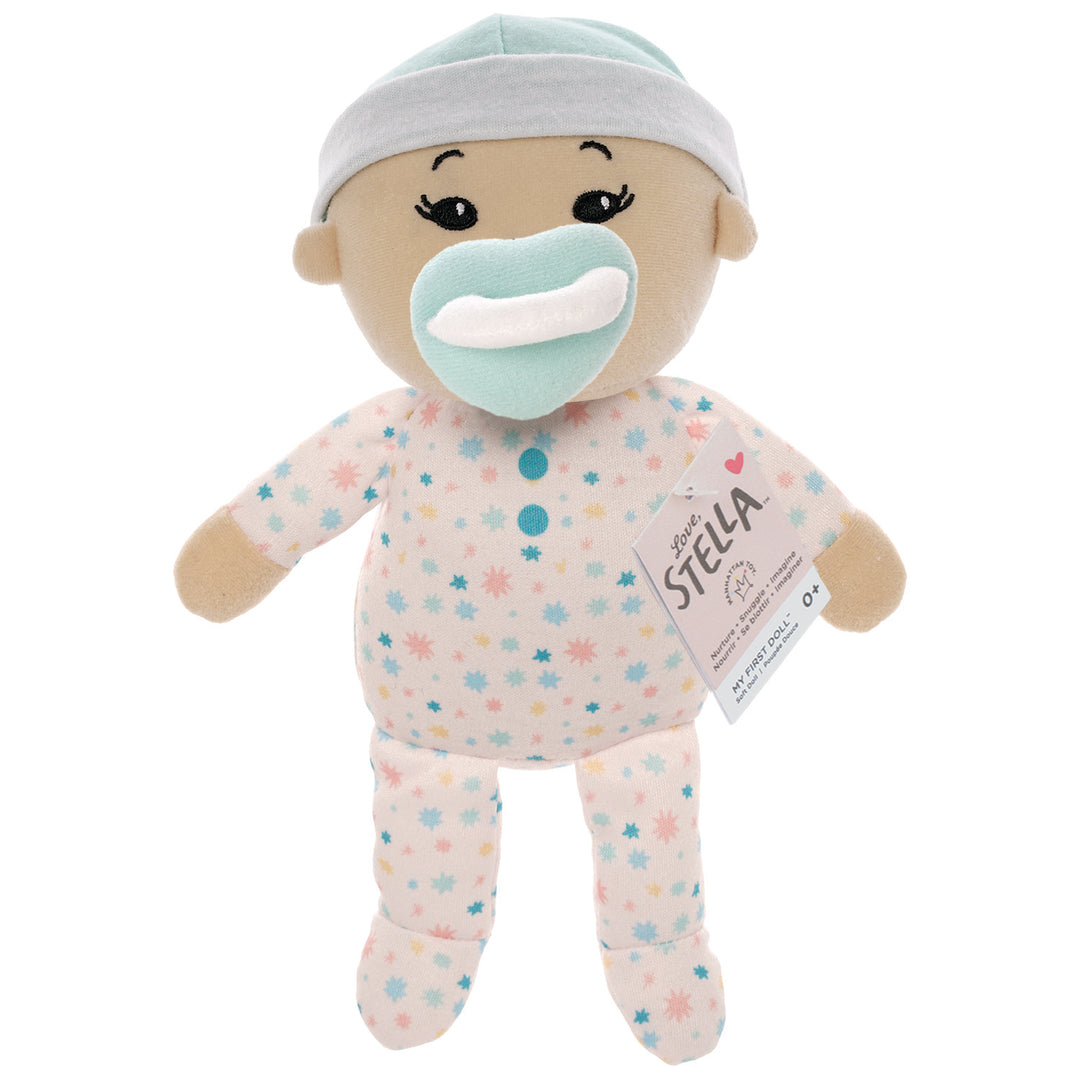 soft baby snuggle doll with light beige skin that includes a magnetic pacifier and removable pink beanie hat with hang tag packaging