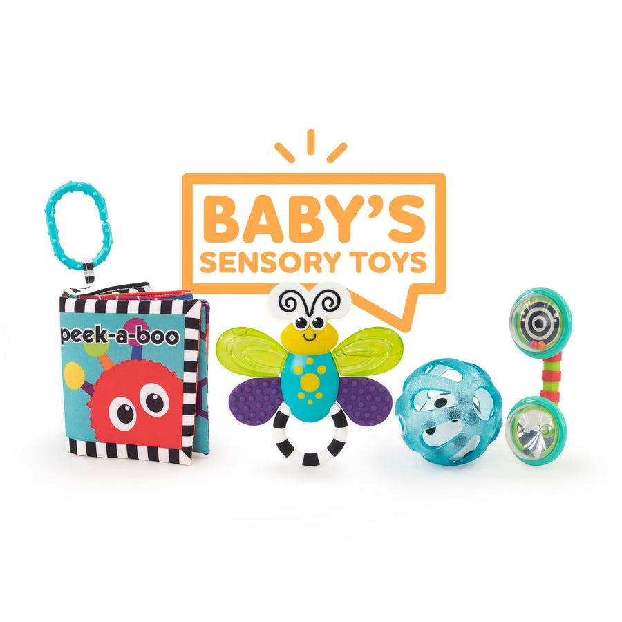 set of 4 sensory toys: soft book, chime ball, phone rattle, and butterfly teether