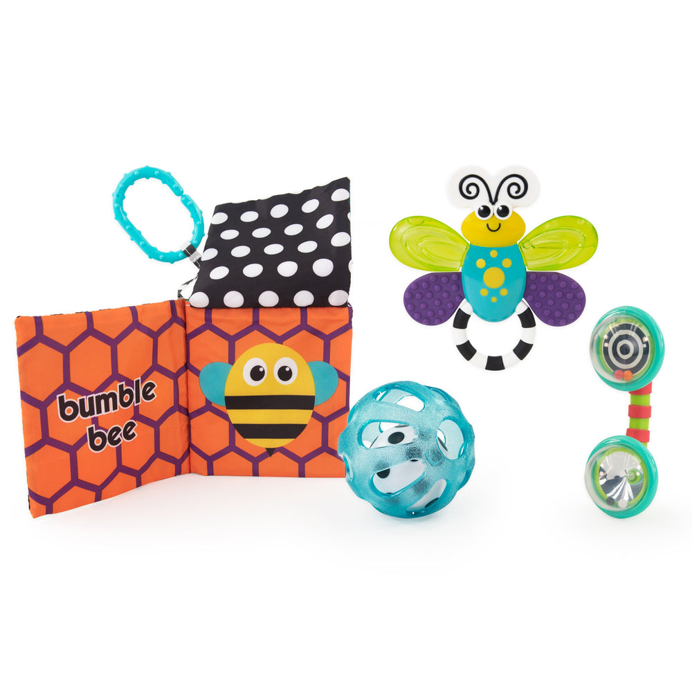 set of 4 sensory toys: soft book, chime ball, phone rattle, and butterfly teether