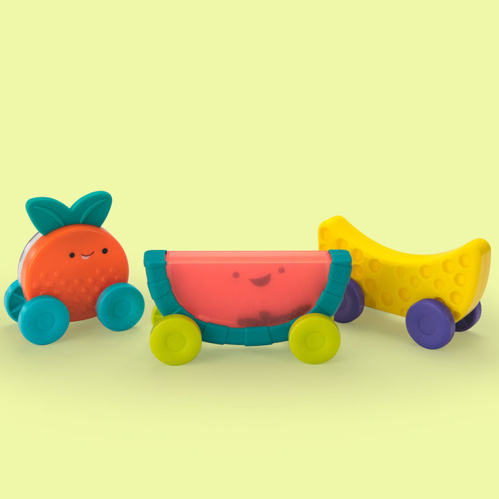 colorful fruit cars that can stack and roll