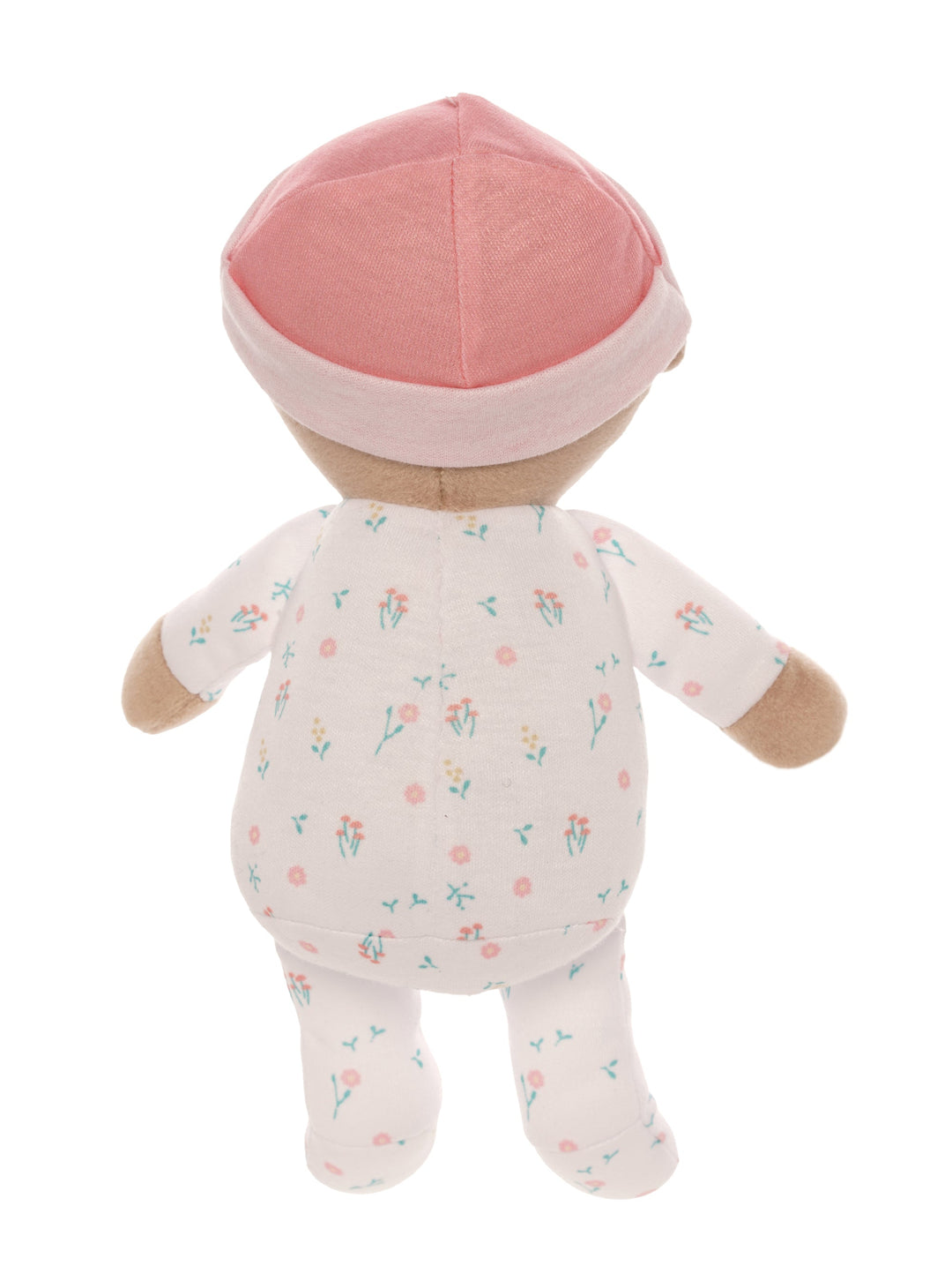 soft baby snuggle doll with beige skin and brown hair that includes a magnetic pacifier 