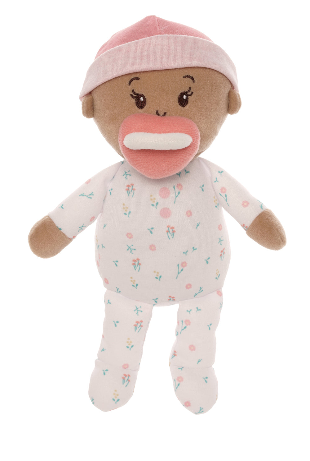 soft baby snuggle doll with beige skin and brown hair that includes a magnetic pacifier 