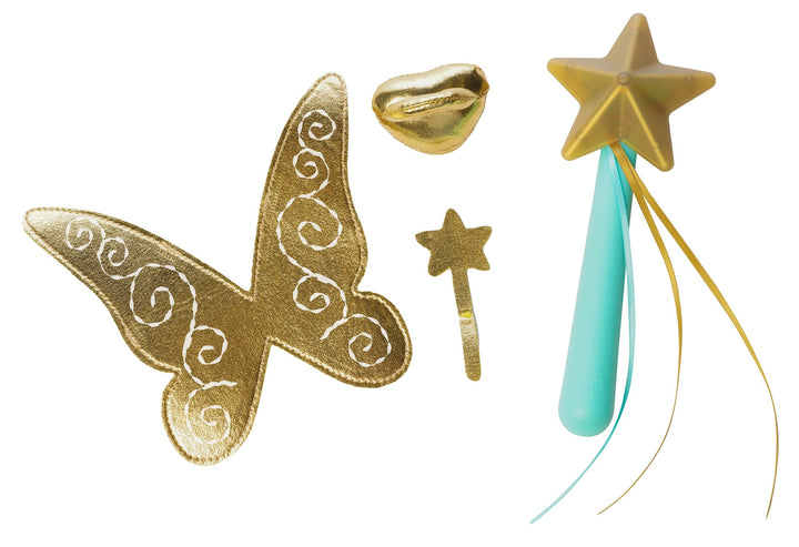 doll fairy accessory set with gold fairy wings  magnetic pacifier and plastic wand that makes magical sounds