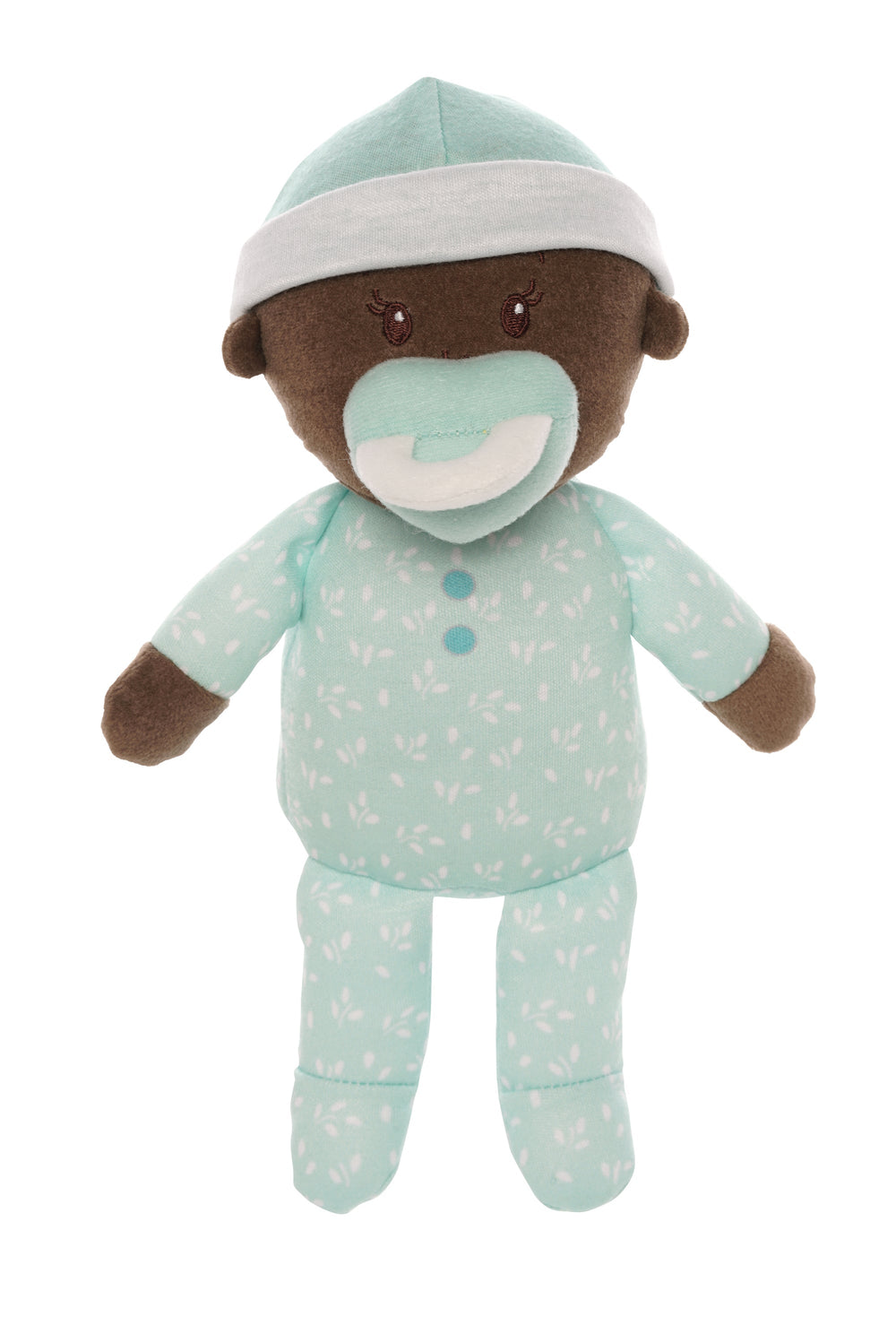 soft baby snuggle doll with brown skin that includes a magnetic pacifier 