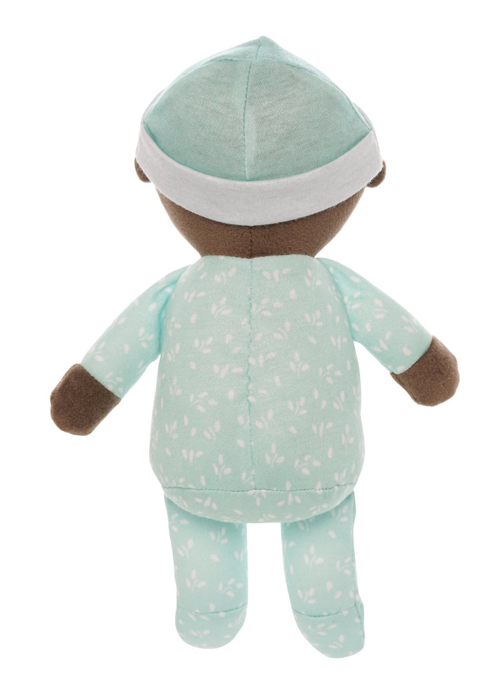 soft baby snuggle doll with brown skin that includes a magnetic pacifier 